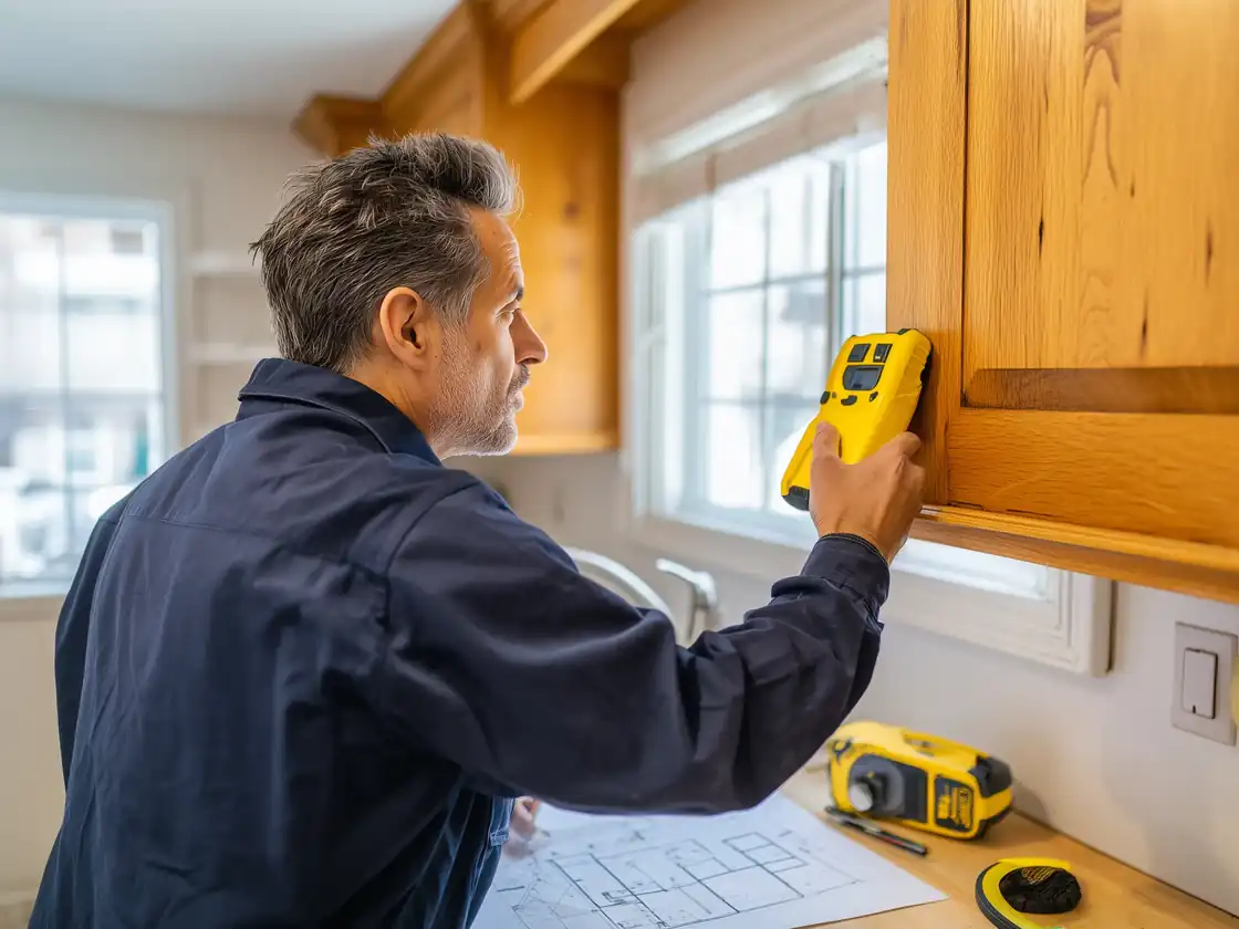 Cabinet maker measuring beside existing oak kitchen cabinets, with a floor plan sketch on the counter